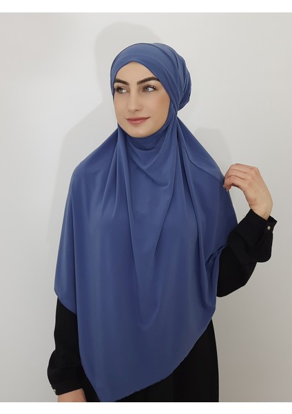 Sufle Hazır Baglamalı Büyük Esarp Hijap Hac Umre Icin Uygundur Sandy Kumas Indigo