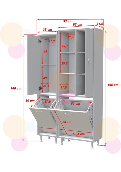 Alaçatı Inci 92X165 cm 3 Kapaklı Kirli Çamaşır Sepetli Banyo Dolabı