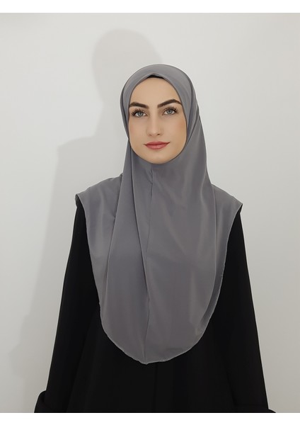 Namaz Örtüsü Hazır Büyük Esarp Malezya Modeli Khimar Tek Parca Hac ve Umre Icin Gri Renk