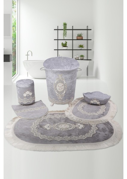 Exclusive Gri 6 Parça Çeyizlik Banyo Seti | 3'lü Kirli Çamaşır Sepeti & 3'lü Banyo Paspası Seti