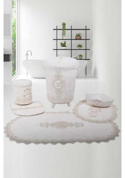 Lisa Krem 6 Parça Çeyizlik Banyo Seti | 3'lü Kirli Çamaşır Sepeti & 3'lü Banyo Paspası Seti