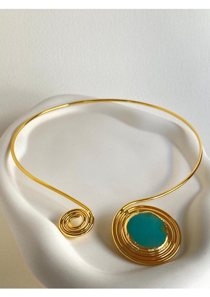 Altın Kaplama Firuze Taşlı Asimetrik El Yapımı Choker Kolye