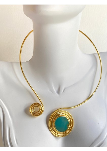 Altın Kaplama Firuze Taşlı Asimetrik El Yapımı Choker Kolye