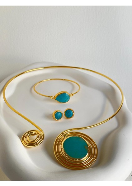 Altın Kaplama Firuze Taşlı Asimetrik El Yapımı Choker Kolye