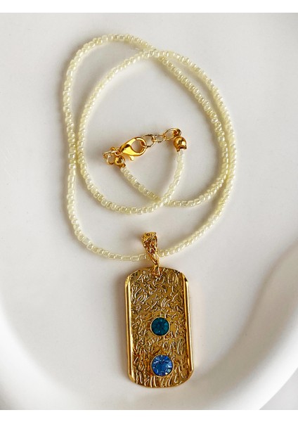 Altın Kaplama Kum Inci Zincirli Mavi Yeşil Swarovski Taşlı El Yapımı Plaka Kolye