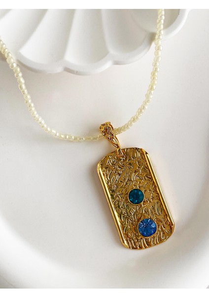 Altın Kaplama Kum Inci Zincirli Mavi Yeşil Swarovski Taşlı El Yapımı Plaka Kolye