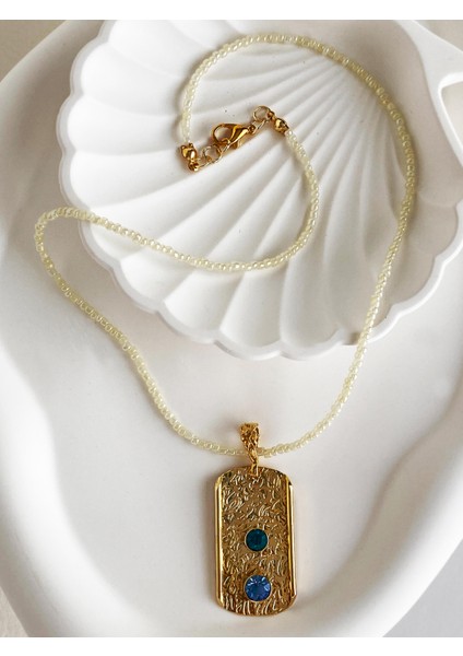 Altın Kaplama Kum Inci Zincirli Mavi Yeşil Swarovski Taşlı El Yapımı Plaka Kolye