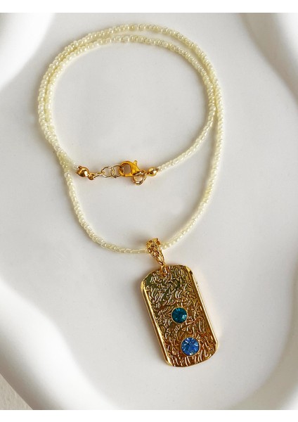 Altın Kaplama Kum Inci Zincirli Mavi Yeşil Swarovski Taşlı El Yapımı Plaka Kolye