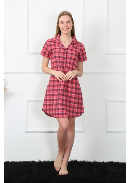 Kadın Dokuma Kumaş Önden Düğmeli Kırmızı Tunik Gecelik 1030 modelleri