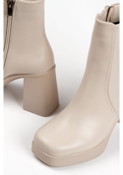 Kadın Bej Yüksek Topuklu Fermuarlı Bot
