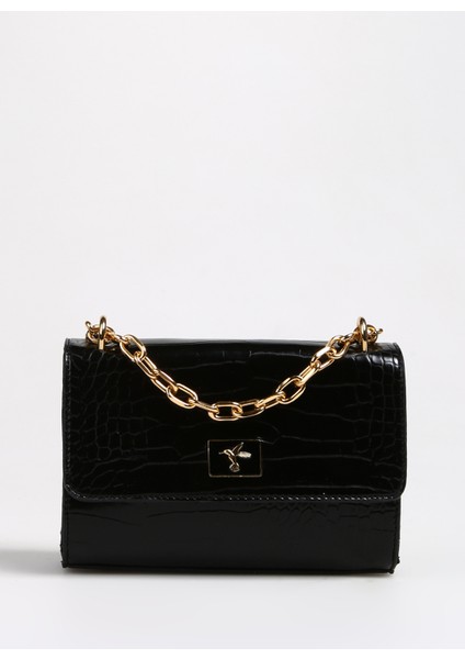 Siyah Kadın 24 x 7,5 x 7,5 cm Mıknatıslı Omuz Çantası KROKO-WORCES