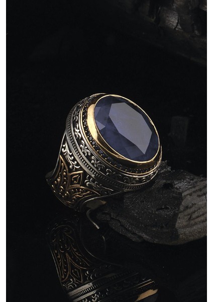 Vog Mavi Zirkon Taşlı Yanları Motifli 925 Ayar Gümüş Erkek Yüzük