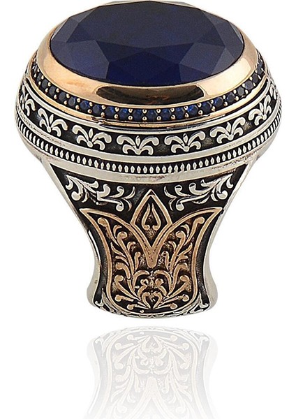 Vog Mavi Zirkon Taşlı Yanları Motifli 925 Ayar Gümüş Erkek Yüzük modelleri