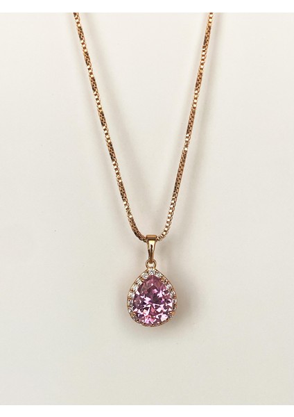 Rodyum Kaplamalı Pembe Badem Zirkon Taşlı Vintage Kolye
