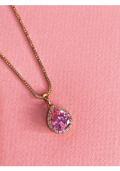 Rodyum Kaplamalı Pembe Badem Zirkon Taşlı Vintage Kolye fiyatları