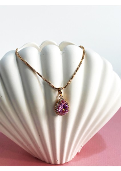Rodyum Kaplamalı Pembe Badem Zirkon Taşlı Vintage Kolye modelleri