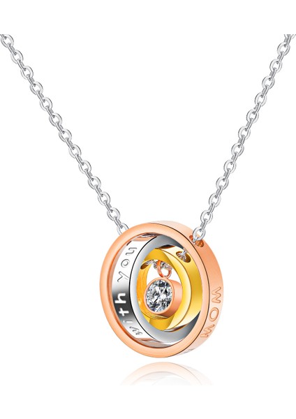 Pırlantalı Basit ve Kişiselleştirilmiş Küçük Üç Renkli Üç Halkalı Birbirine Titanyum Çelik Çift Kolye Kolye (Yurt Dışından)