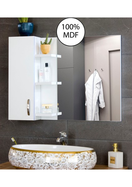 Aynalı Raflı Banyo Dolabı Mdf 80 cm Üst Modül Mat Beyaz