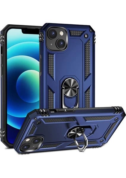 iPhone 15 ile Uyumlu Kılıf Z-Vega Shockproof Standlı Yüzük Tutuculu Mega Case Kapak Mavi