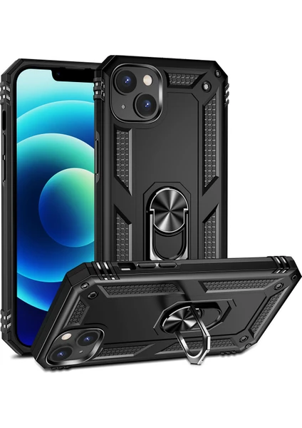 iPhone 15 ile Uyumlu Kılıf Z-Vega Shockproof Standlı Yüzük Tutuculu Mega Case Kapak Siyah