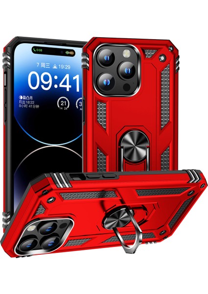 iPhone 15 Pro Max ile Uyumlu Kılıf Z-Vega Shockproof Standlı Yüzük Tutuculu Mega Case Kapak Kırmızı