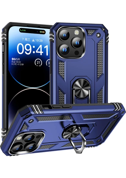 iPhone 15 Pro Max ile Uyumlu Kılıf Z-Vega Shockproof Standlı Yüzük Tutuculu Mega Case Kapak Mavi