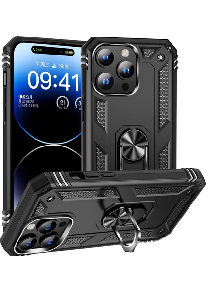 iPhone 15 Pro Max ile Uyumlu Kılıf Z-Vega Shockproof Standlı Yüzük Tutuculu Mega Case Kapak Siyah