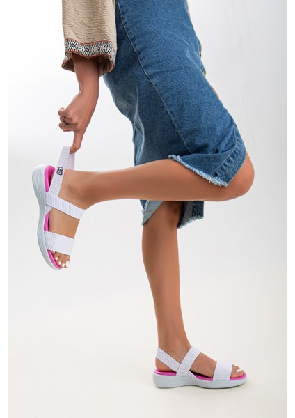 Kadın Günlük Esnek Lastikli Spor Sandalet SS001-0168 Beyaz Fuşya
