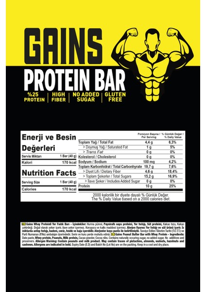 Gains Whey Proteinli Yer Fıstık Barı 40 gr x 12 Paket