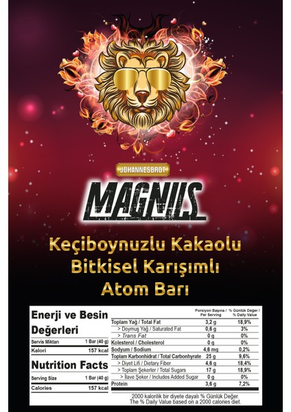 Keçiboynuzlu Kakaolu Bitkisel Karışımlı Atom Barı 40 gr x 12 Paket