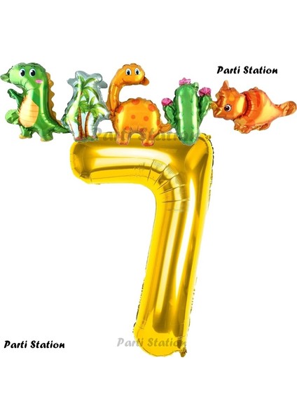 Altın Renk Rakam Balonlu Dinozor 7 Yaş Doğum Günü Parti Yapışık Balon Set Dinozor Tema Parti Set