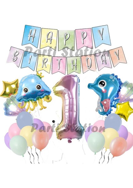 Okyanus Hayvanları Deniz Canlıları 1 Yaş Balon Set Deniz Anası Deniz Atı Happy Birthday Balon Set