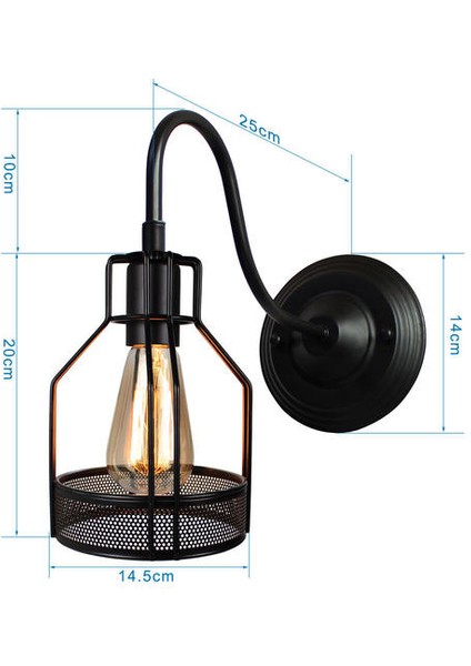 Vintage LED Duvar Işık Retro Loft Endüstriyel Duvar Lambası Siyah E27 Demir Basit Abajur Kafes Güvenlik Aplik Iç Aydınlatma Armatürü (H) (Yurt Dışından)