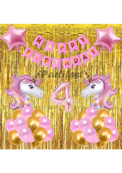 Pembe Unicorn Konsept 4 Yaş Balon Doğum Günü Set Gökkuşağı Unicorn Yaş Balon Set