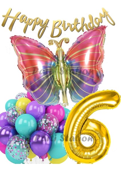 Rengarenk Kelebek 6 Yaş Balon Set Colorfull Butterfly Gökkuşağı Konsept Parti Doğum Günü Balon Seti