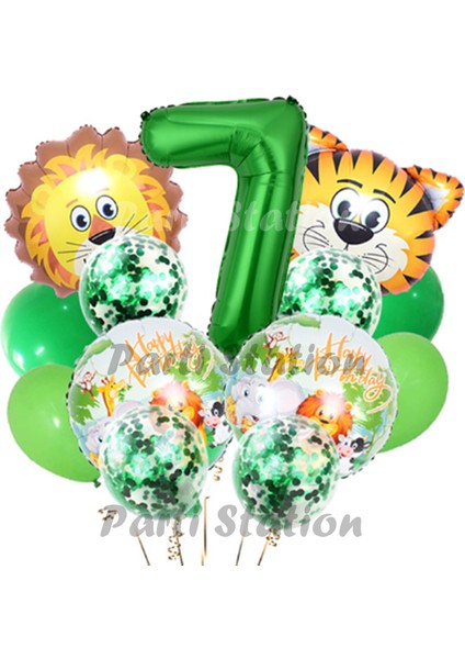Safari Konsept Balon Seti 7 Yaş Safari Jungle Parti Doğum Günü Balon Karşılama Set Yeşil Rakam Balon