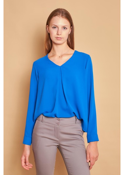 V Yaka Yakası Piliaşeli Uzun Kol Likrasız Şık Gömlek Kumaş Rahat Kesim Bluz-Saks