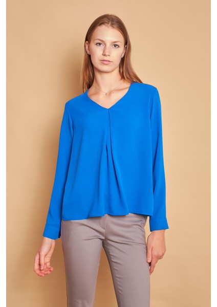 V Yaka Yakası Piliaşeli Uzun Kol Likrasız Şık Gömlek Kumaş Rahat Kesim Bluz-Saks fiyatları