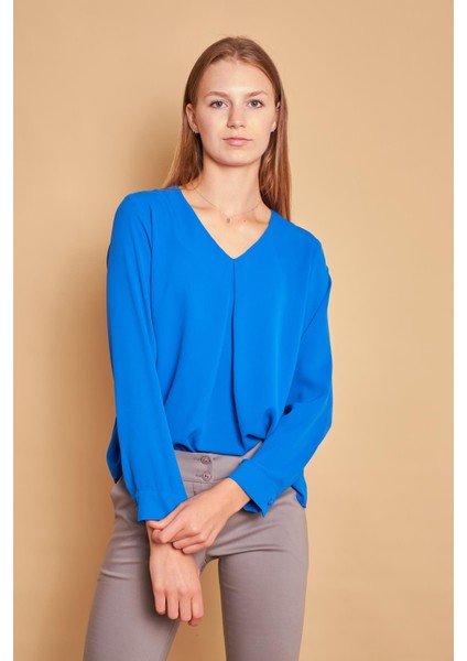 V Yaka Yakası Piliaşeli Uzun Kol Likrasız Şık Gömlek Kumaş Rahat Kesim Bluz-Saks modelleri