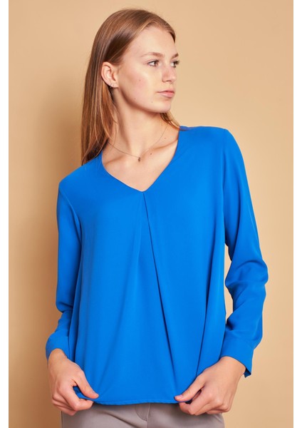 V Yaka Yakası Piliaşeli Uzun Kol Likrasız Şık Gömlek Kumaş Rahat Kesim Bluz-Saks fırsatları