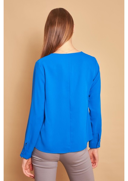 V Yaka Yakası Piliaşeli Uzun Kol Likrasız Şık Gömlek Kumaş Rahat Kesim Bluz-Saks indirimleri