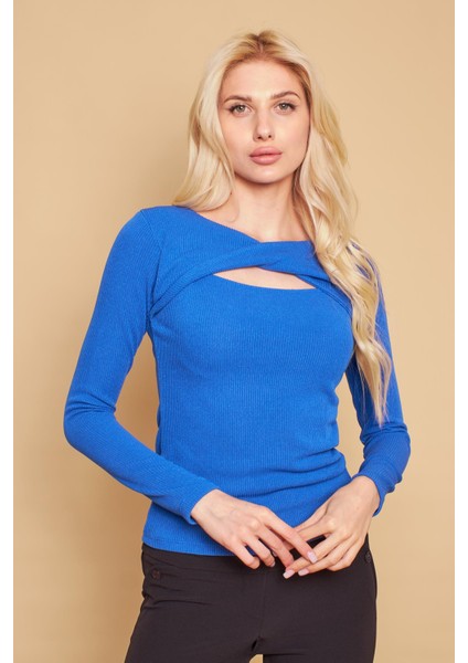 Yakası Dönmeli Uzun Kol Hafif Likralı Triko Bluz-Saks