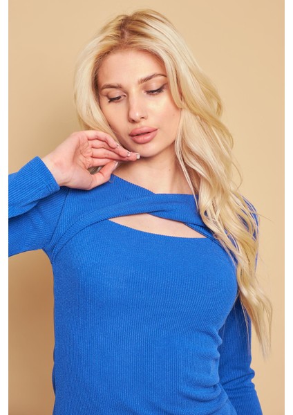 Yakası Dönmeli Uzun Kol Hafif Likralı Triko Bluz-Saks indirimleri