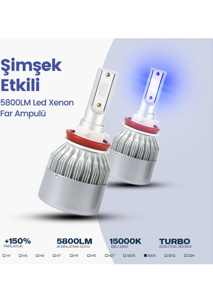 C6 LED Xenon Far Ampulü Şimşek Etkili 5800LM Chip On Board 10000K Deli Mavi 9006