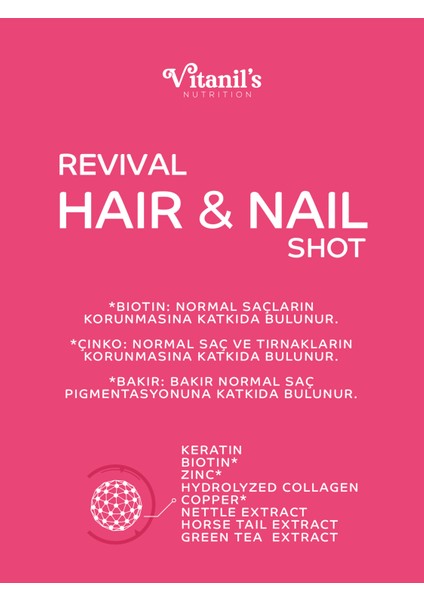 Vitanil's Nutrition Saç, Cilt Ve Tırnak Bakım Vitamini 30'lu Sıvı Kolajen - Keratin - Isırgan Ekstresi - At Kuyruğu Ekstresi - Revival Hair & Nail Shot 5000 Mg