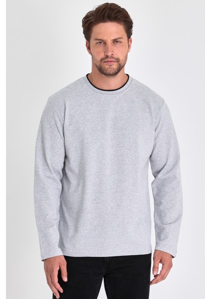 Erkek Gri Çift Bisiklet Yaka Standart Rahat Kesim Sweatshirt modelleri
