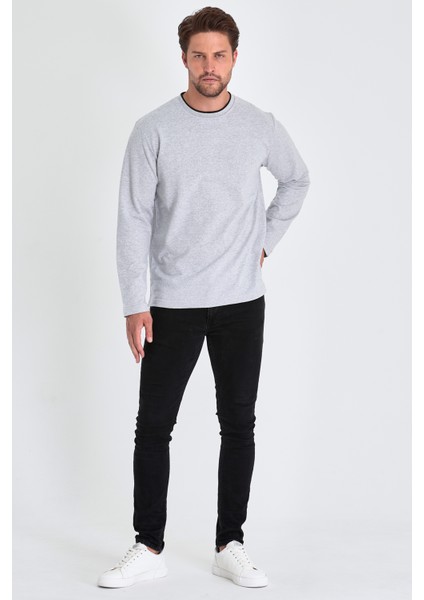 Erkek Gri Çift Bisiklet Yaka Standart Rahat Kesim Sweatshirt