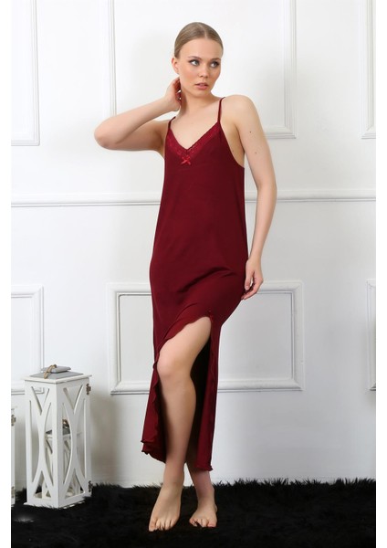 Kadın Ip Askılı Bordo Uzun Gecelik 901