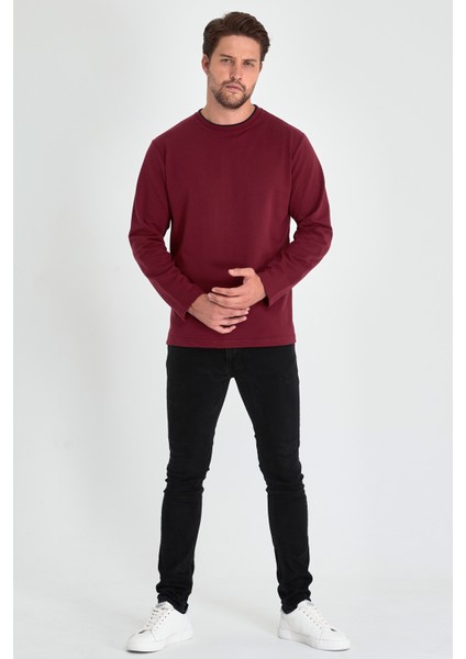 Erkek Bordo Çift Bisiklet Yaka Standart Rahat Kesim Sweatshirt