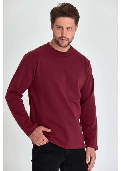 Erkek Bordo Çift Bisiklet Yaka Standart Rahat Kesim Sweatshirt
